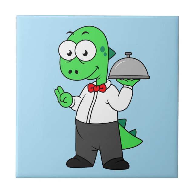 Illustration Of A Tyrannosaurus Rex Food Waiter. Ceramic Tile (Front)