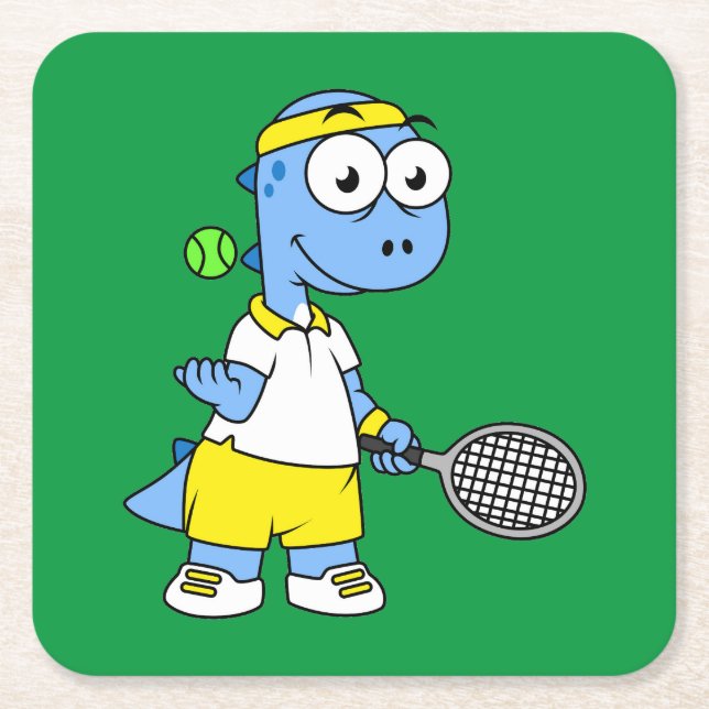 Illustration Of A Tyrannosaurus Rex Tennis Player. Square Paper Coaster (Front)
