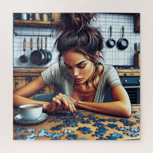 Illustration of a Woman Doing a Puzzle
