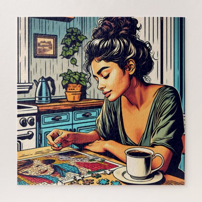 Illustration of a Woman Doing a Puzzle (Vertical)