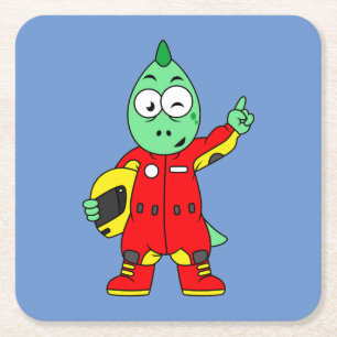 Illustration Of An Allosaurus Race Car Driver. Square Paper Coaster