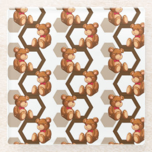 illustration of an array of teddy bear on white glass coaster