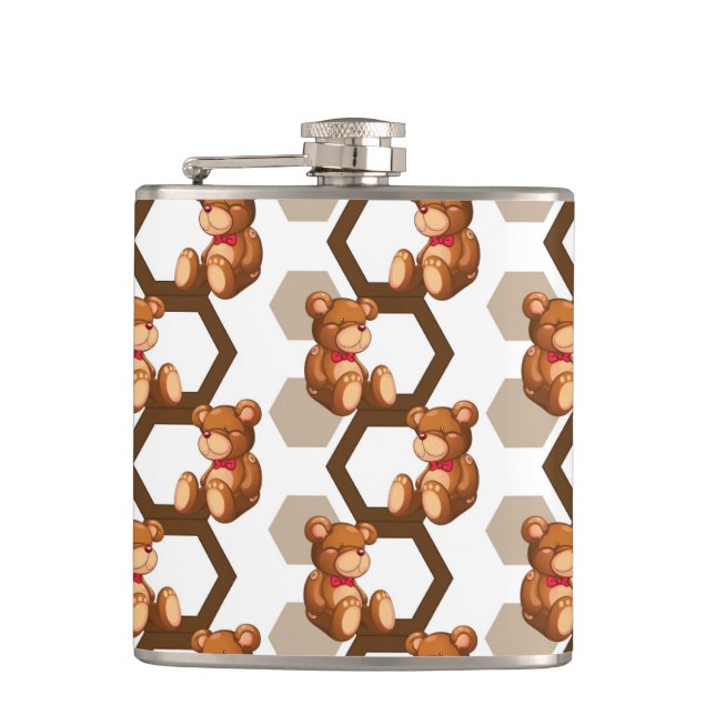 illustration of an array of teddy bear on white hip flask (Front)