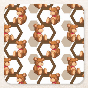 illustration of an array of teddy bear on white square paper coaster