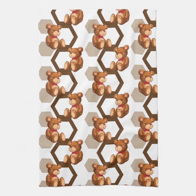 illustration of an array of teddy bear on white tea towel (Vertical)