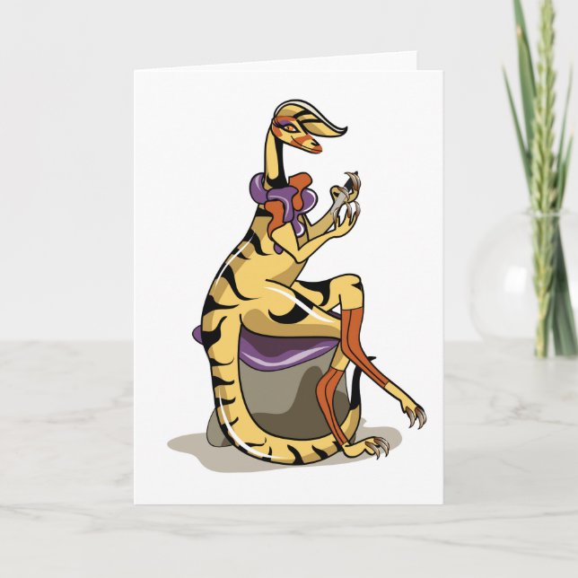 Illustration Of An Iguanodon Polishing Her Nails. Card (Front)