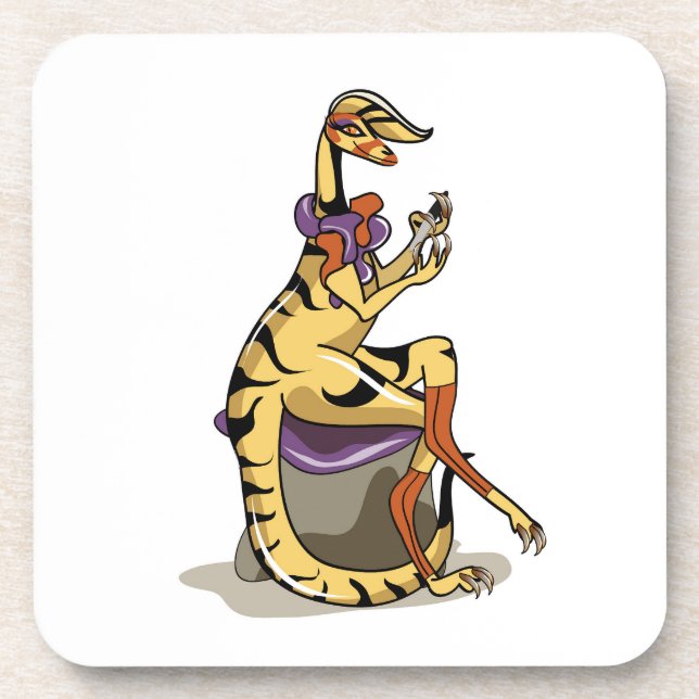 Illustration Of An Iguanodon Polishing Her Nails. Coaster (Front)