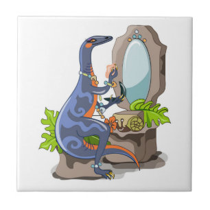 Illustration Of An Iguanodon Putting On Make-Up. Ceramic Tile