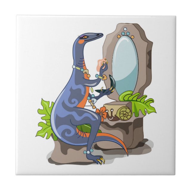 Illustration Of An Iguanodon Putting On Make-Up. Ceramic Tile (Front)