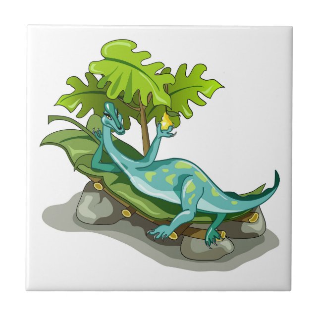 Illustration Of An Iguanodon Sunbathing. Ceramic Tile (Front)