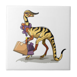 Illustration Of An Iguanodon With Shopping Bags. Ceramic Tile