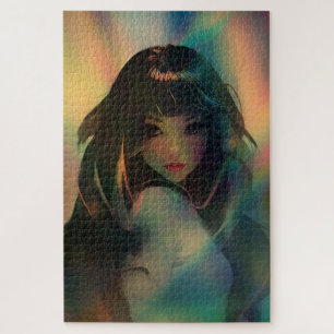 Illustration of Anime Style Girl in Rainbow Light Jigsaw Puzzle
