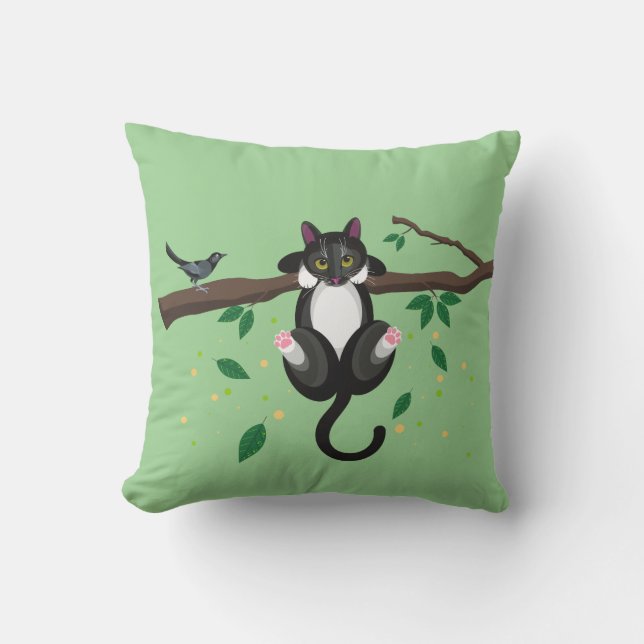 Illustration of black and white cat up tree cushion (Front)