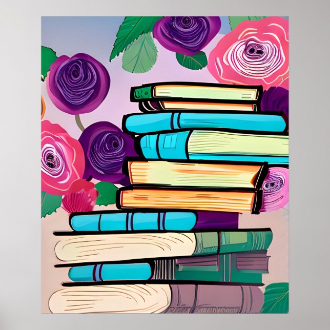 Illustration of Books and Flowers Digital Art Poster (Front)