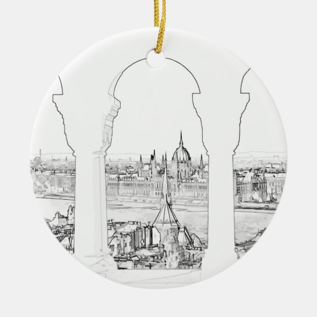 Illustration of Budapest and hungarian parliament Ceramic Ornament (Front)