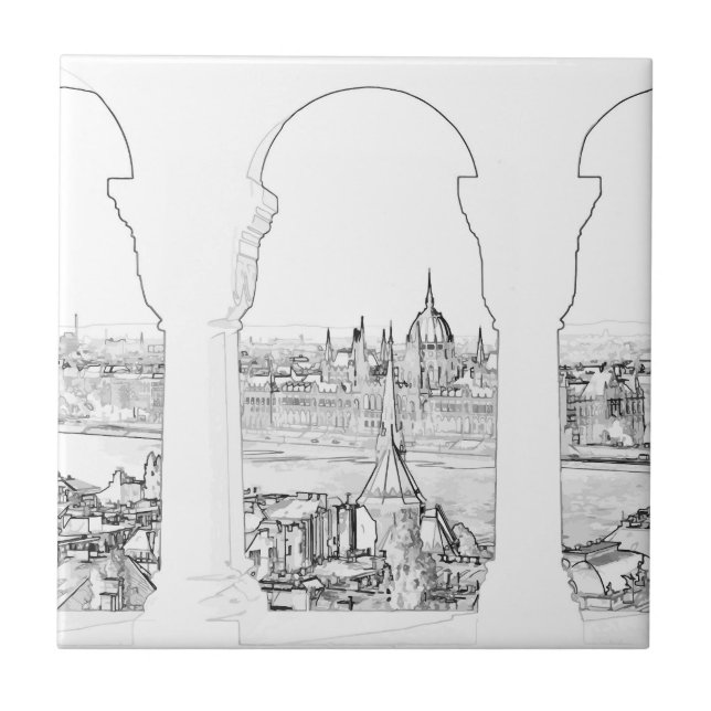 Illustration of Budapest and hungarian parliament Ceramic Tile (Front)