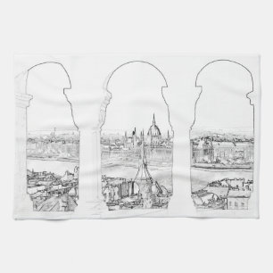 Illustration of Budapest and hungarian parliament Tea Towel