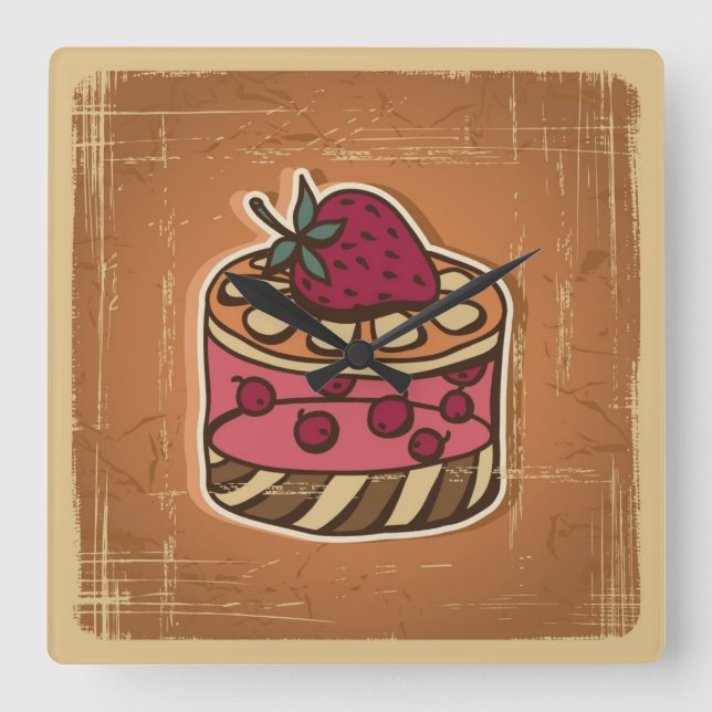 Illustration of cake in retro style square wall clock (Front)