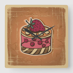 Illustration of cake in retro style square wall clock