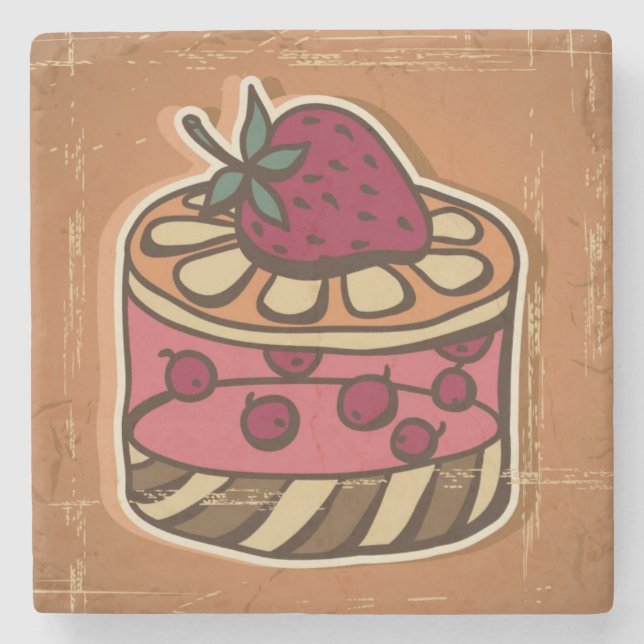 Illustration of cake in retro style stone coaster (Front)
