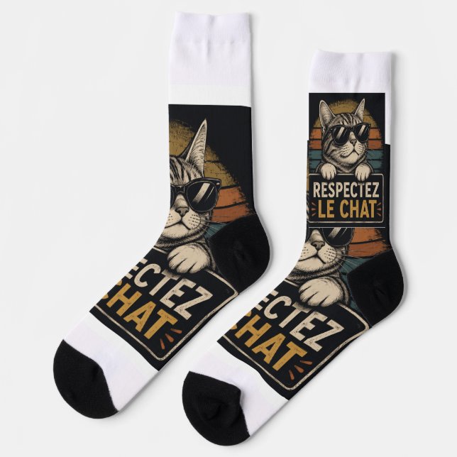 Illustration of cat wearing glasses with typograph socks (Left)