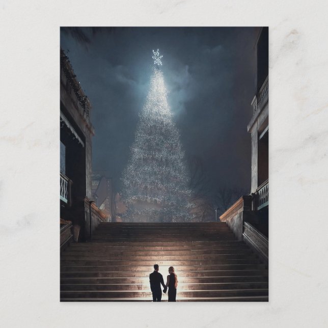 Illustration of Christmas Tree in Urban Setting Postcard (Front)