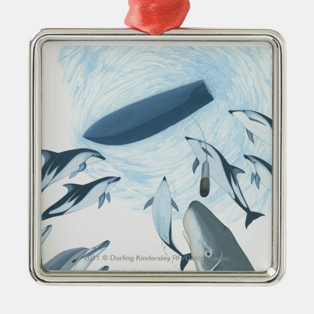 Illustration of dolphins looking up at a boat metal tree decoration (Front)