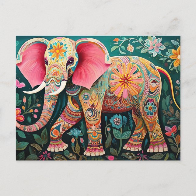 Illustration of elephant with flowers postcard (Front)