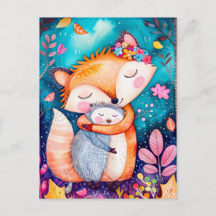 Illustration of fox hugging hedgehog in forest. postcard