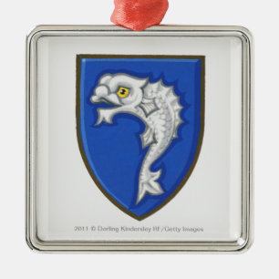 Illustration of heraldic fish symbol on shield metal tree decoration