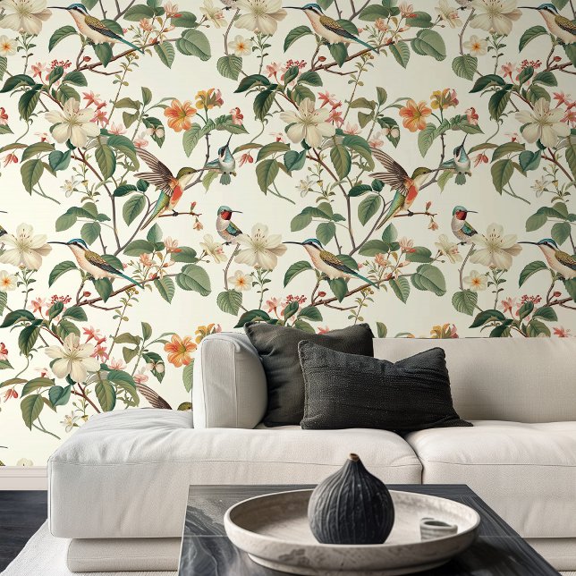 Illustration of Hummingbirds in Garden Living Room Wallpaper (Illustration of Hummingbirds in Garden Living Room Wallpaper)