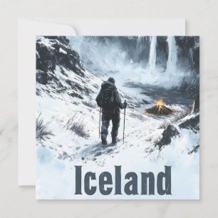 Illustration of Icelandic Landscape and a Hiker Holiday Card