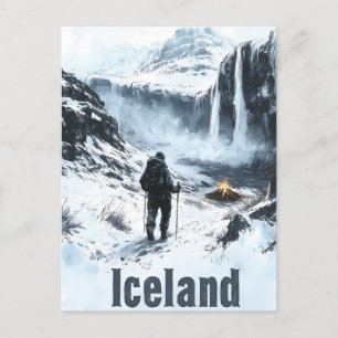 Illustration of Icelandic Landscape and a Hiker Holiday Postcard