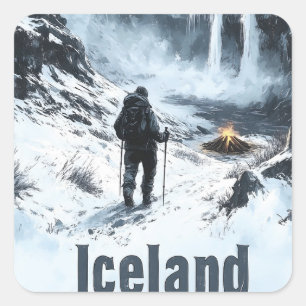 Illustration of Icelandic Landscape and a Hiker Square Sticker