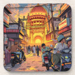 Illustration of  India | Kolkata Coaster<br><div class="desc">Cartoon ai illustration of downtown area of Kolkata,   the capital and largest city of the Indian state of West Bengal.  A coaster saying hi from India with an illustration of busy downtown street with buildings,  restaurants,  shops and people on their motor bikes.</div>