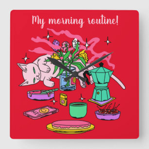Illustration of Kitty Cat's breakfast table Square Wall Clock