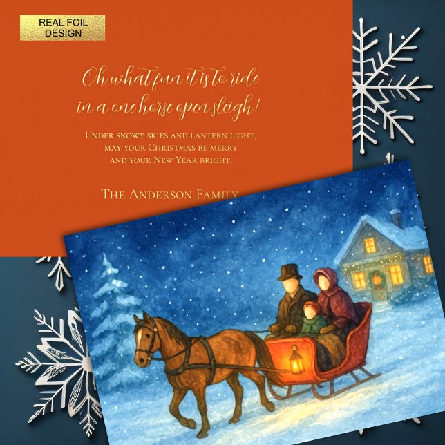 Illustration of One Horse Open Sleigh Ride Family Foil Holiday Card (Creator Uploaded)