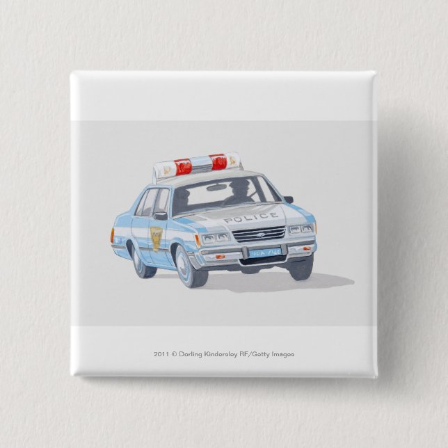 Illustration of police car with two policemen 15 cm square badge (Front)