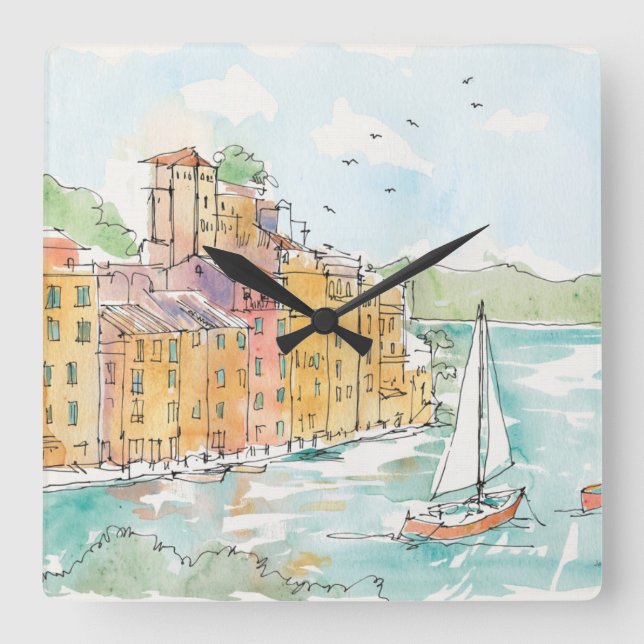 Illustration of Porofino Harbor With Sailboat Square Wall Clock (Front)