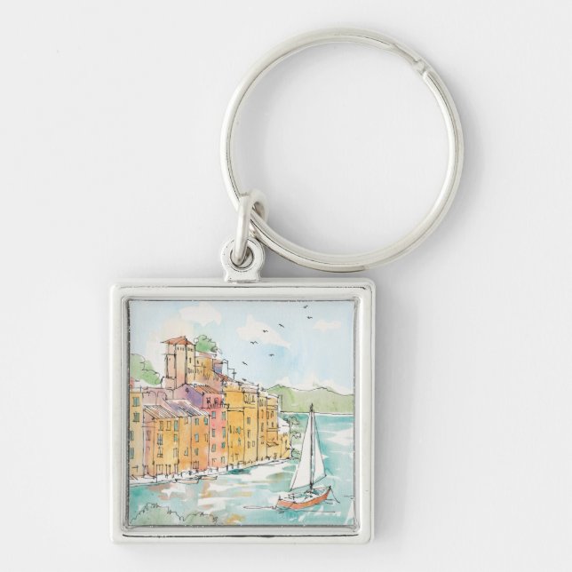 Illustration of Porofino Harbour With Sailboat Key Ring (Front)
