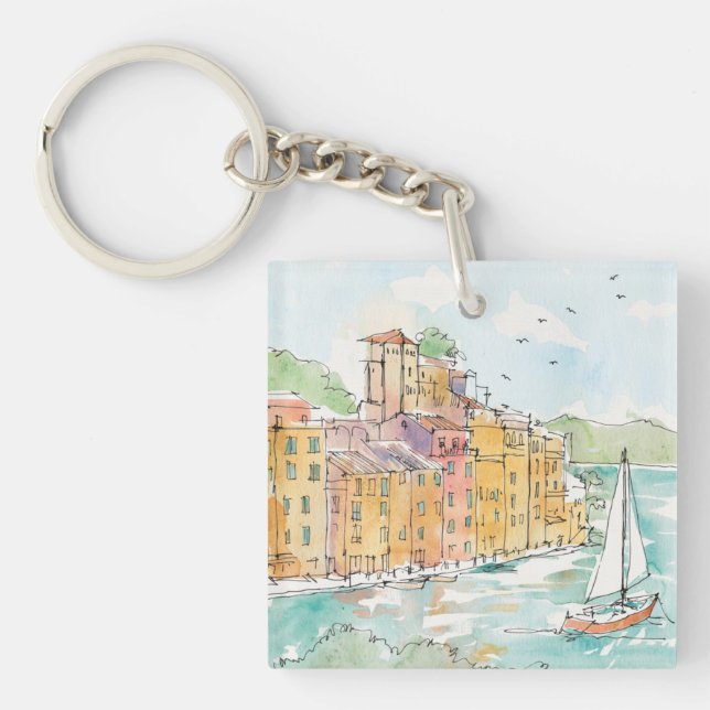Illustration of Porofino Harbour With Sailboat Key Ring (Front)