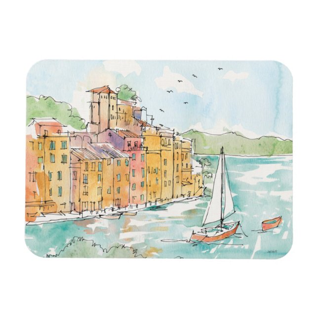 Illustration of Porofino Harbour With Sailboat Magnet (Horizontal)