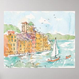 Illustration of Porofino Harbour With Sailboat Poster