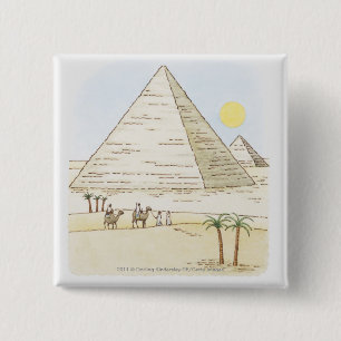 Illustration of pyramids and men with camels 15 cm square badge