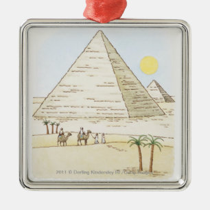 Illustration of pyramids and men with camels metal ornament