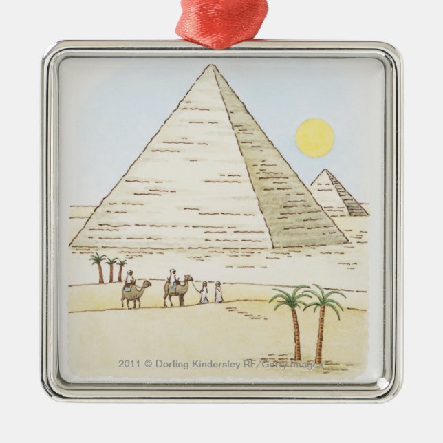 Illustration of pyramids and men with camels metal ornament (Front)