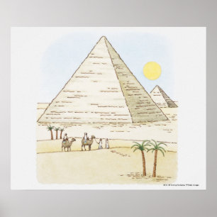 Illustration of pyramids and men with camels poster