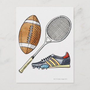 Illustration of rugby ball, tennis racquet, postcard