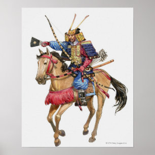 Illustration of Samurai on horseback Poster