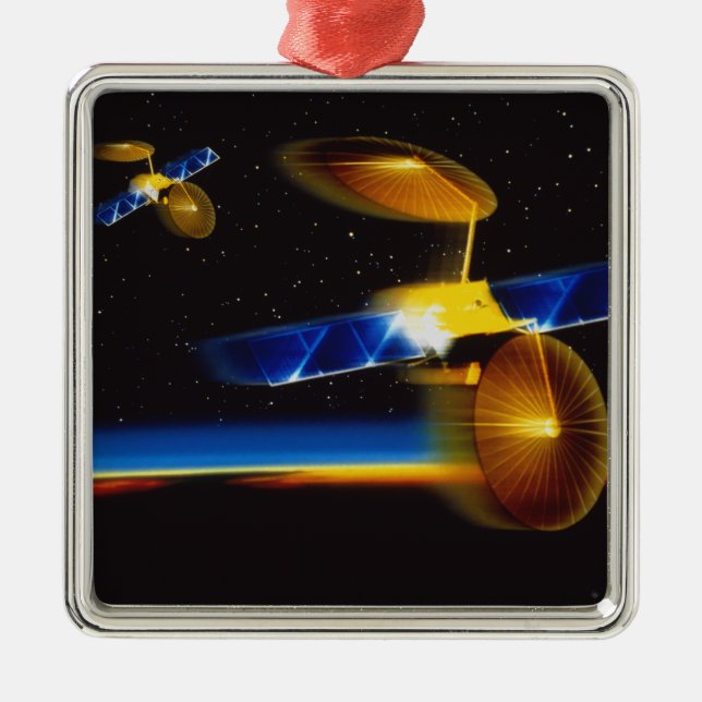 Illustration of satellites over Earth's horizon Metal Tree Decoration (Front)